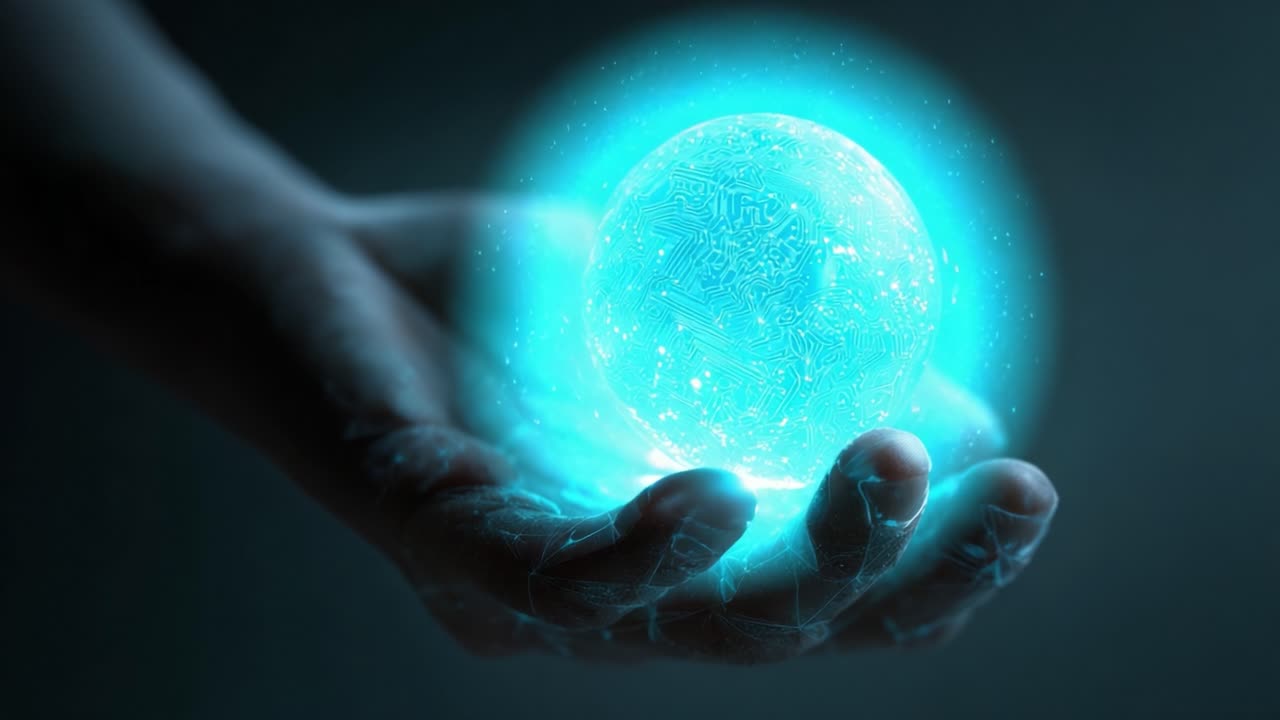 Illuminated Sphere: A Captivating Glimpse into the Future of Technology and Innovation Held Within a Human Hand Radiating Cosmic Energy