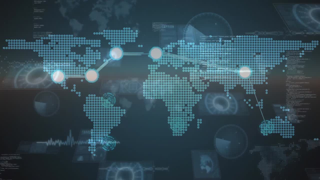 animación del mapa del mundo, red de conexiones y procesamiento de datos sobre fondo negro