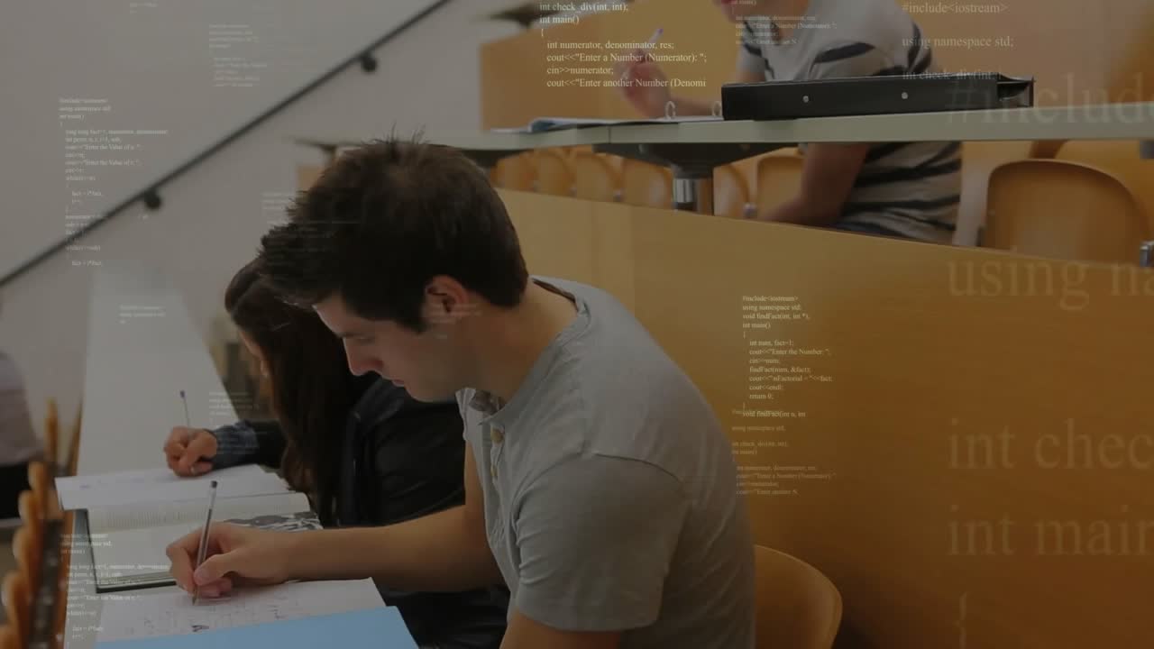 three students writing notes in lecture, code overlay fading on screen for programming concepts