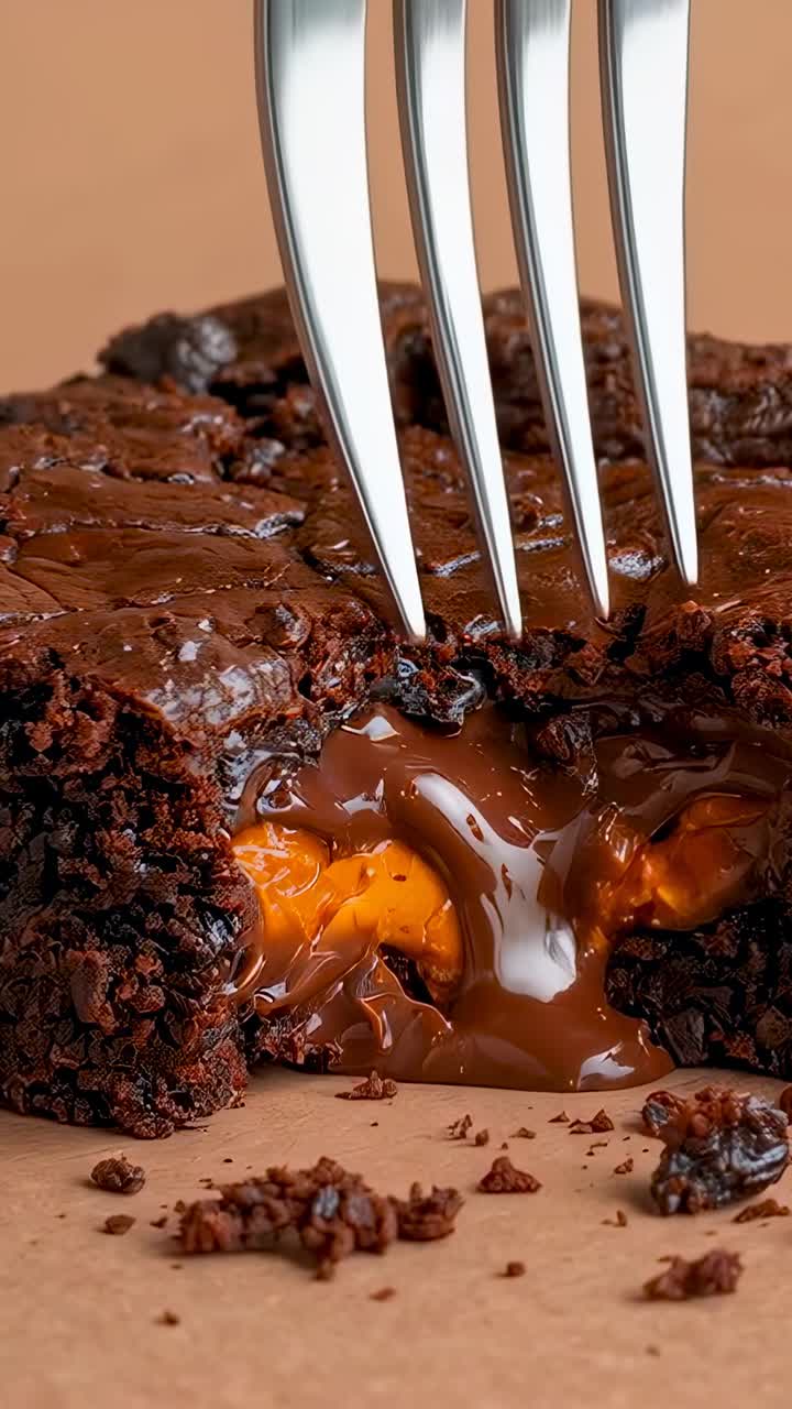 Video verticale: forchetta che trafigge un brownie su carta kraft, tirando il centro arancione per assaggiarlo