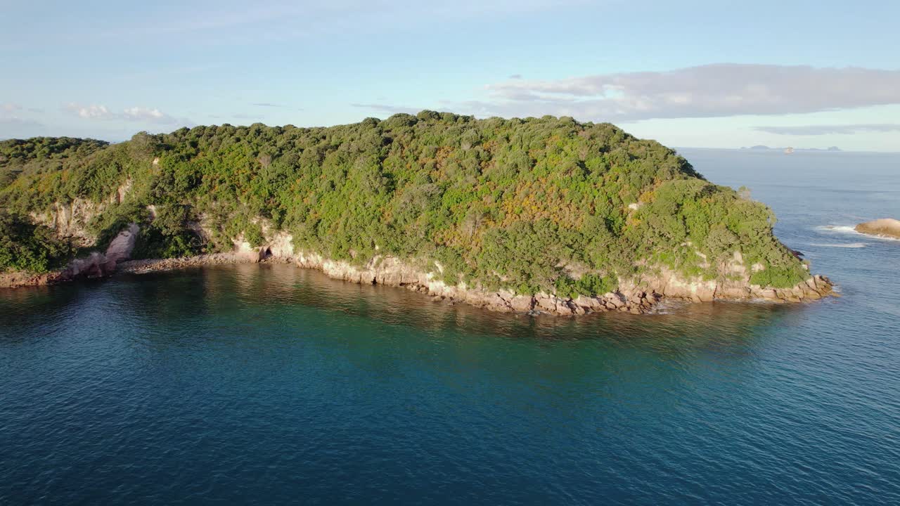 Aerial view of a lush green island in clear blue water