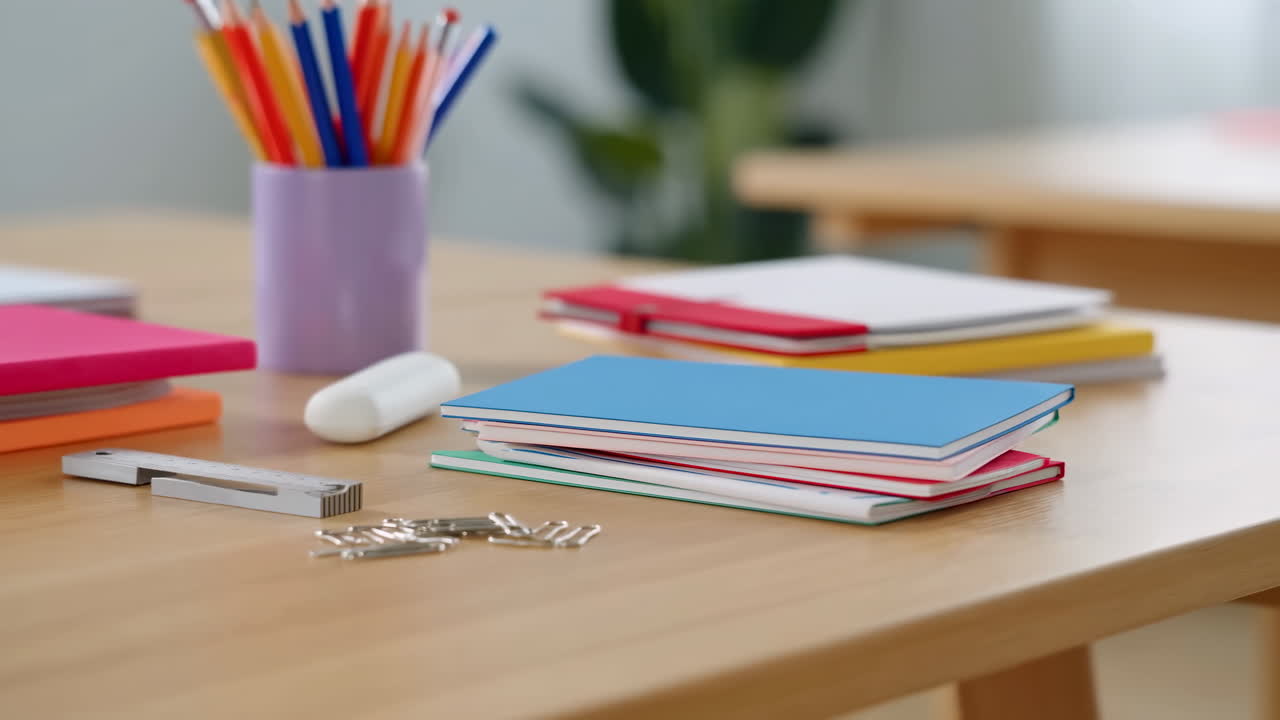 Colorful School and Office Supplies Neatly Arranged on a Wooden Desk