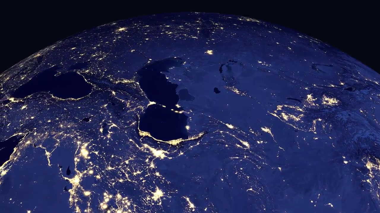 Digital globe rotates and zooms into Baku Azerbaijan at night with city lights and labels