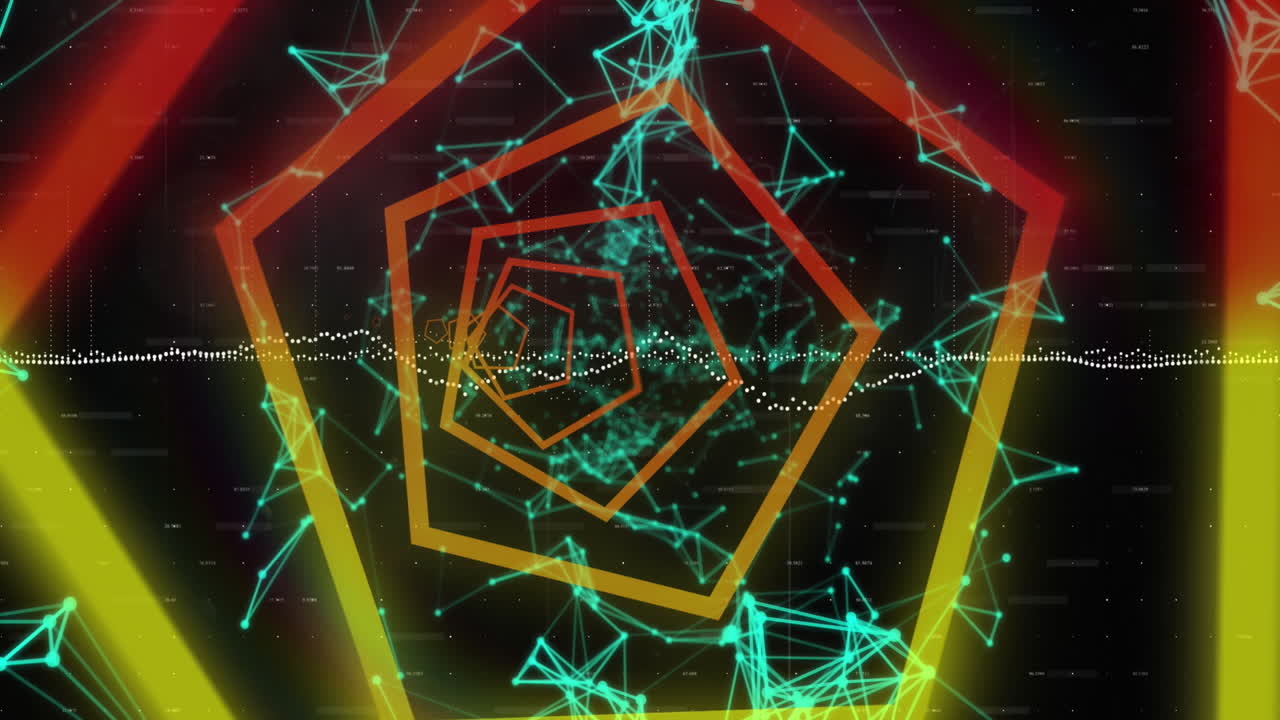 animación de hexágonos en bucle que forman un túnel sobre puntos conectados contra un fondo abstracto