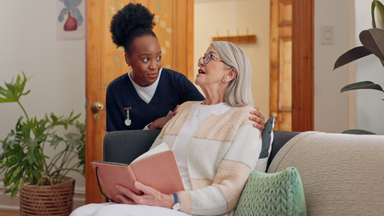 Tablet, nurse and senior woman on sofa browsing