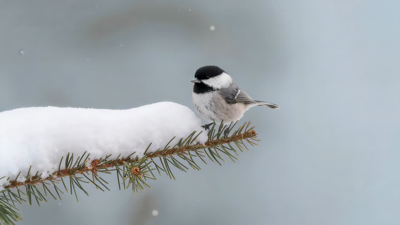 Lattermeise som reagerer på snøbyge for å varme seg, justerer holdningen og kaller på snødekt furugrein