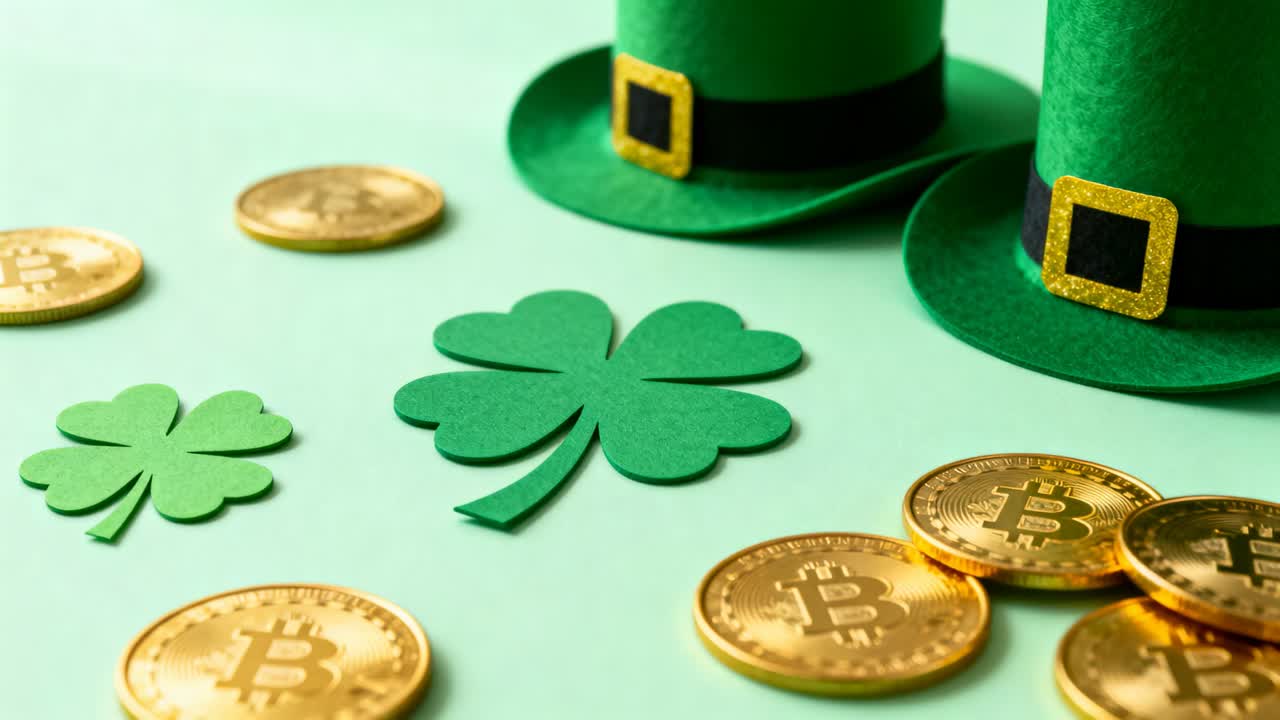 Panning camera approaching studio table, keeping shamrock centered, emphasizing bitcoin coins, hats