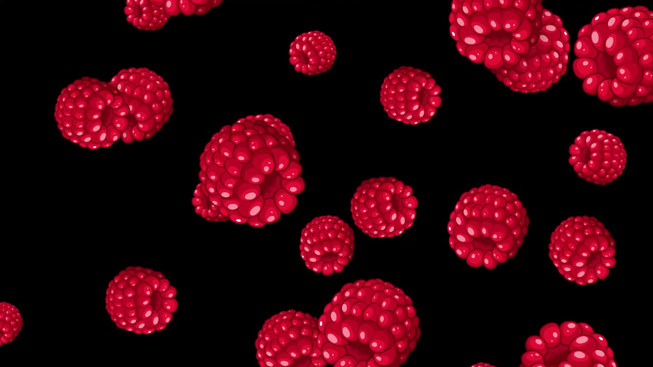 Realistic red raspberries fall vertically through the frame against a clean black background.