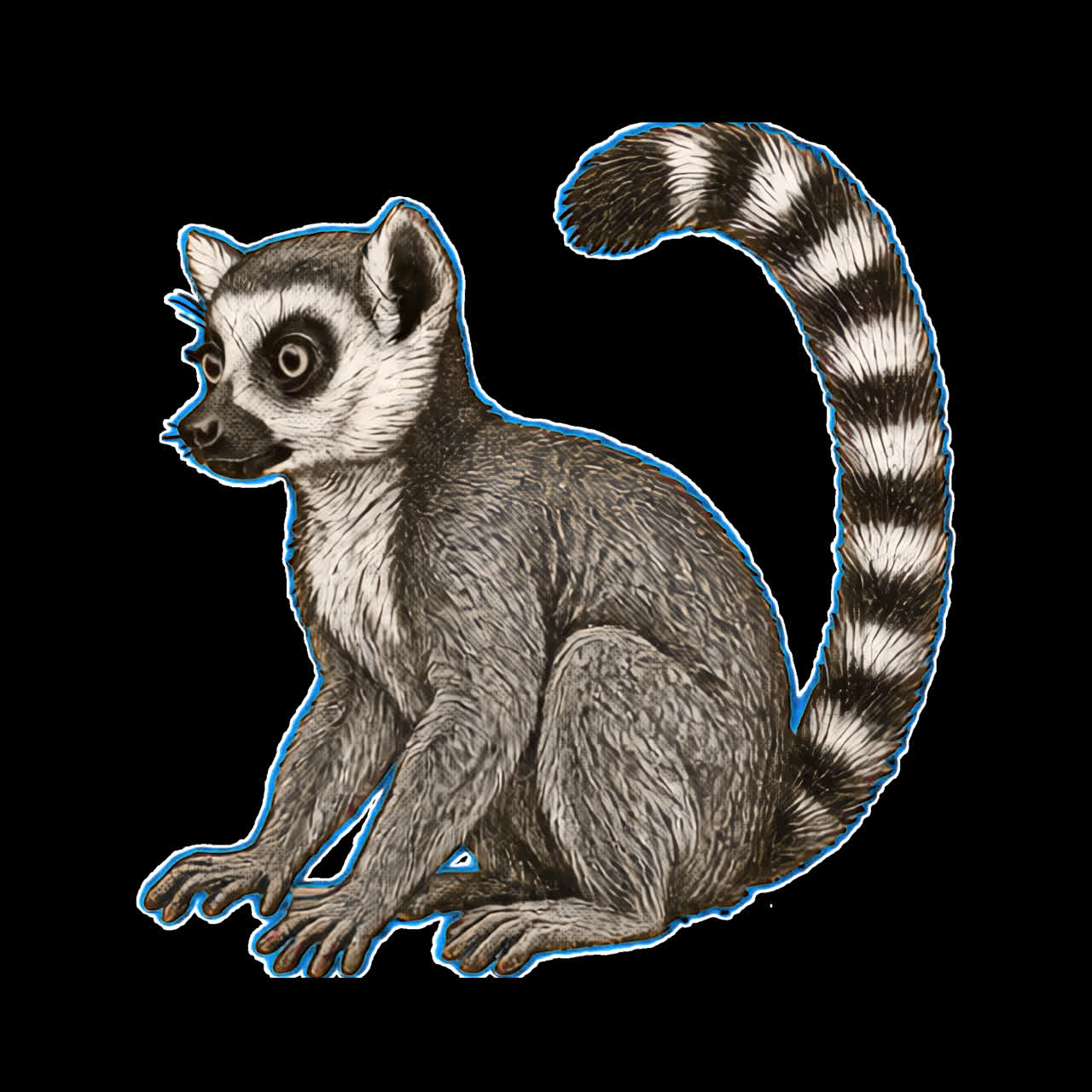 Detailed lemur illustration with tail animation isolated asset, transparent 4K video, alpha channel