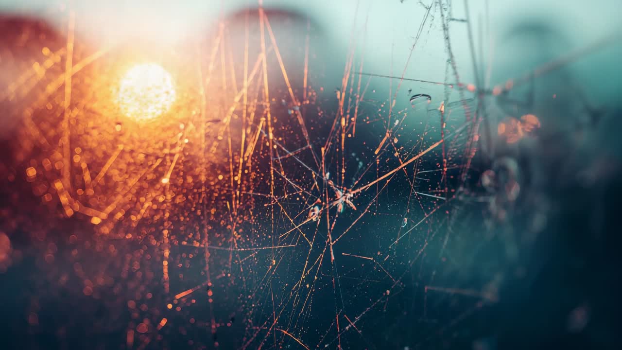 Sun rising backlighting web threads garden at dawn, camera shifting focus through dew droplets knot