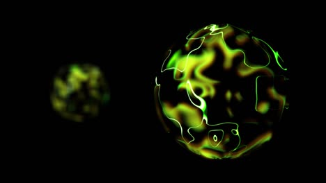 animation of two shiny spheres. there is constantly changing current on the surface. the background is black. the color of the ball is green, the foreground is clear, and the background is blurred.