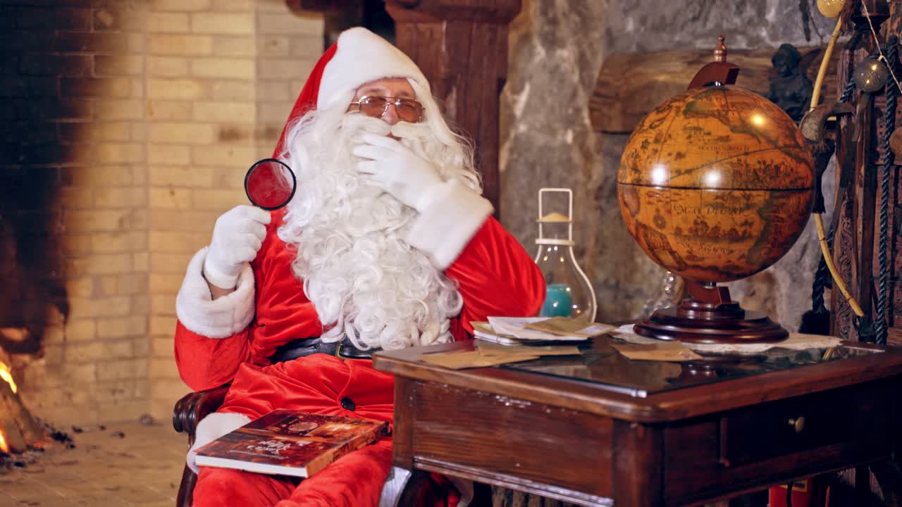 Santa Claus is sitting in specially decorated room at the table, holding an envelope in hands. Feast fireplace in the background. Christmas spirit concept close up video. Christmas eve. New Year is coming. Santa Claus is looking at the envelope with a magnifying glass.