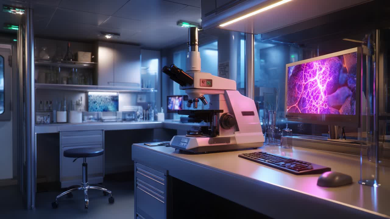 Exploring the Advanced Microscopy Setup in a Modern Laboratory with Neon Lighting, Showcasing Cutting-Edge Technology and the Intricacies of Cellular Structures on High-Resolution Screens