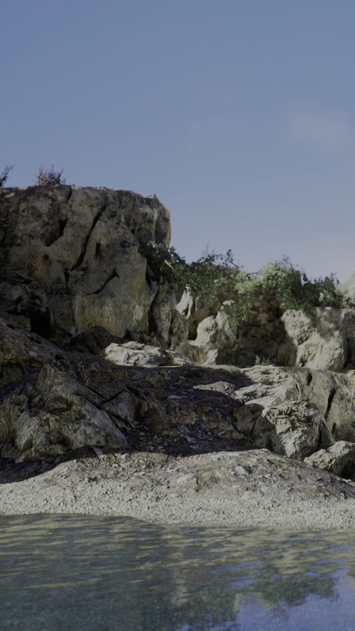 Rocky shore with clear water during mid day in a coastal area