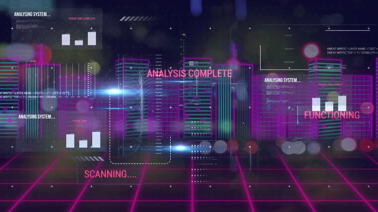 Animation of interface with data processing over 3d cityscape against night city traffic