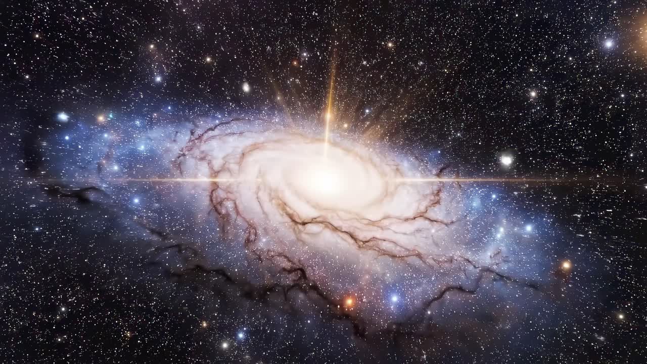 En fascinerende top-down videovisning af en levende galakse, der viser kosmiske farver og stjerner