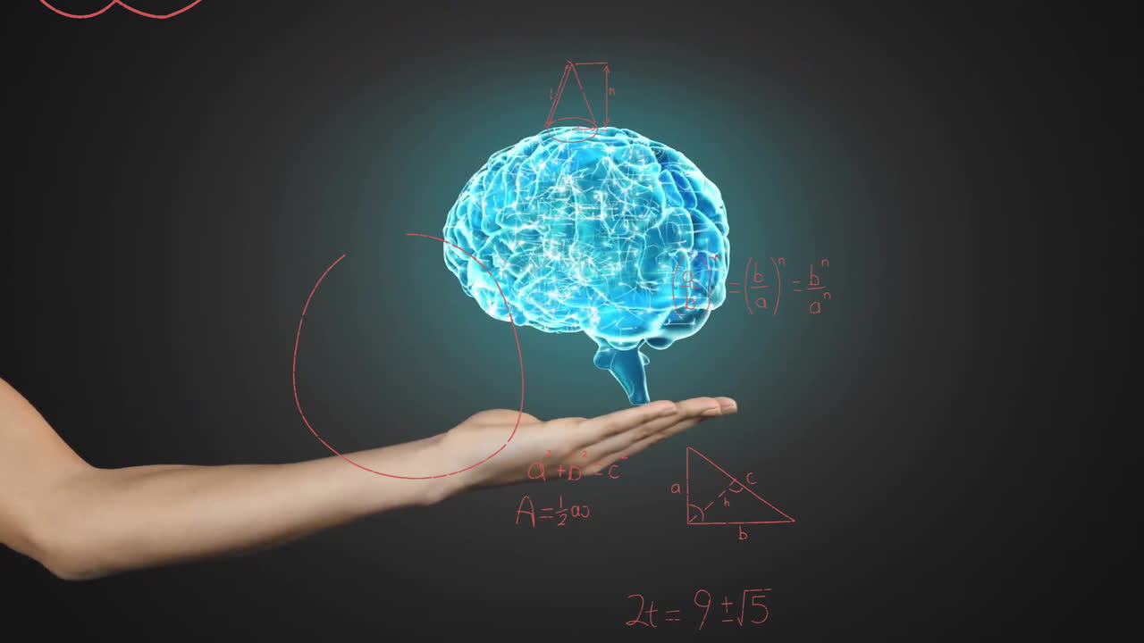 Holding digital brain, hand with mathematical equations and animation in background