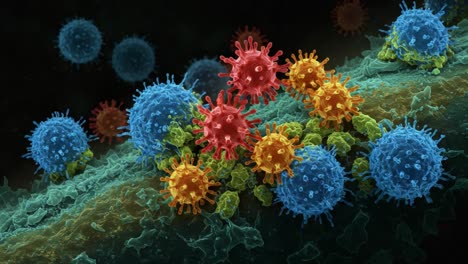 intricate interaction of colorful viruses on cellular surface: a stunning visualization of viral structures vibrantly interacting within a microscopic environment