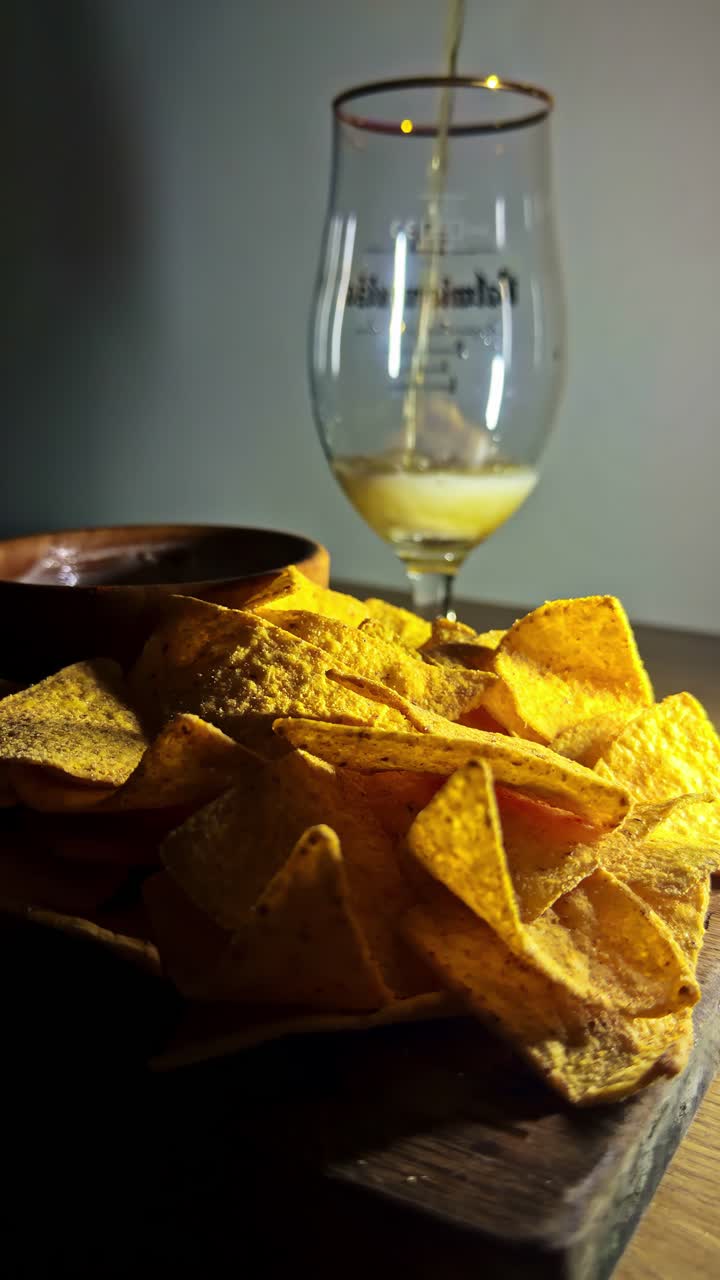 Slow motion of a glass of beer being filled next to a bowl of nachos. Vertical shot