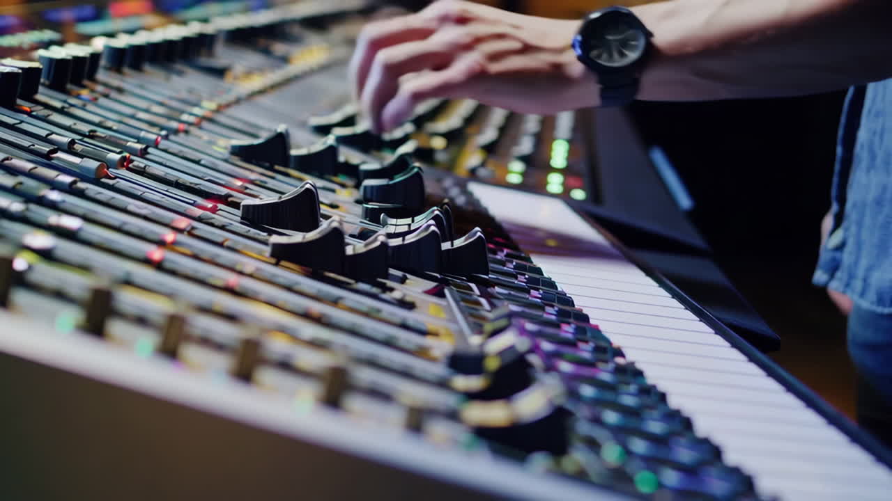 Audio Engineer Working on a Mixing Console