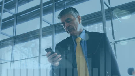 animation of statistics processing over businessman using smartphone