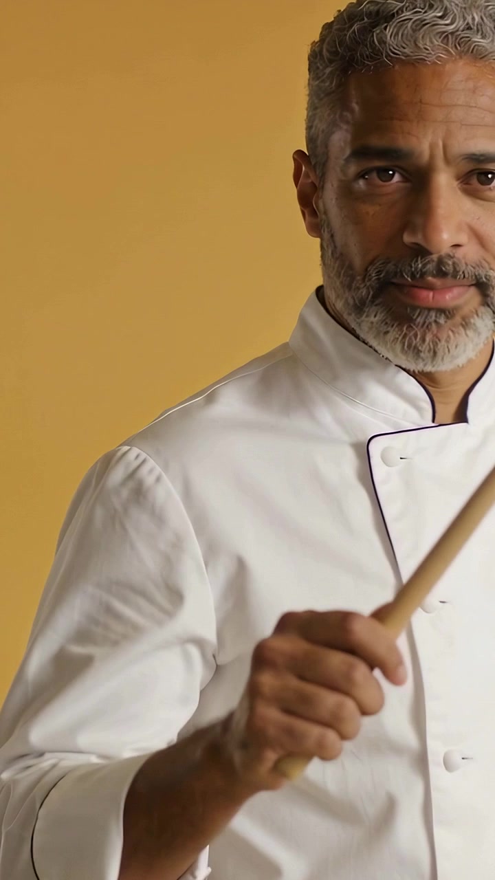 Video verticale: Chef in divisa che si avvicina con un cucchiaio di legno per pubblicità in studio, spazio copia