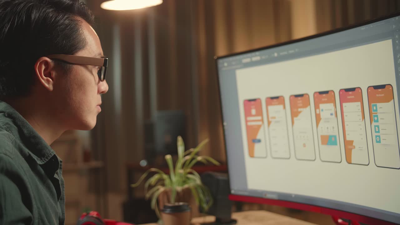Asian Male Mobile Application Developer Thinking While Works With Graphics On His Personal Computer. He Works At Night
