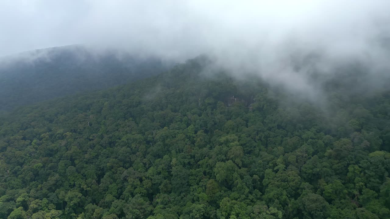High altitude aerial view of tropical rainforest peak partially shrouded in mist and clouds during overcast weather.