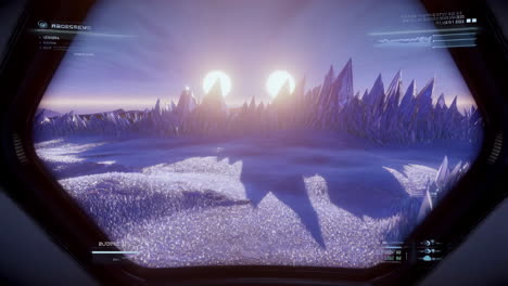 view of an alien crystal planet with twin suns from a spaceship cockpit