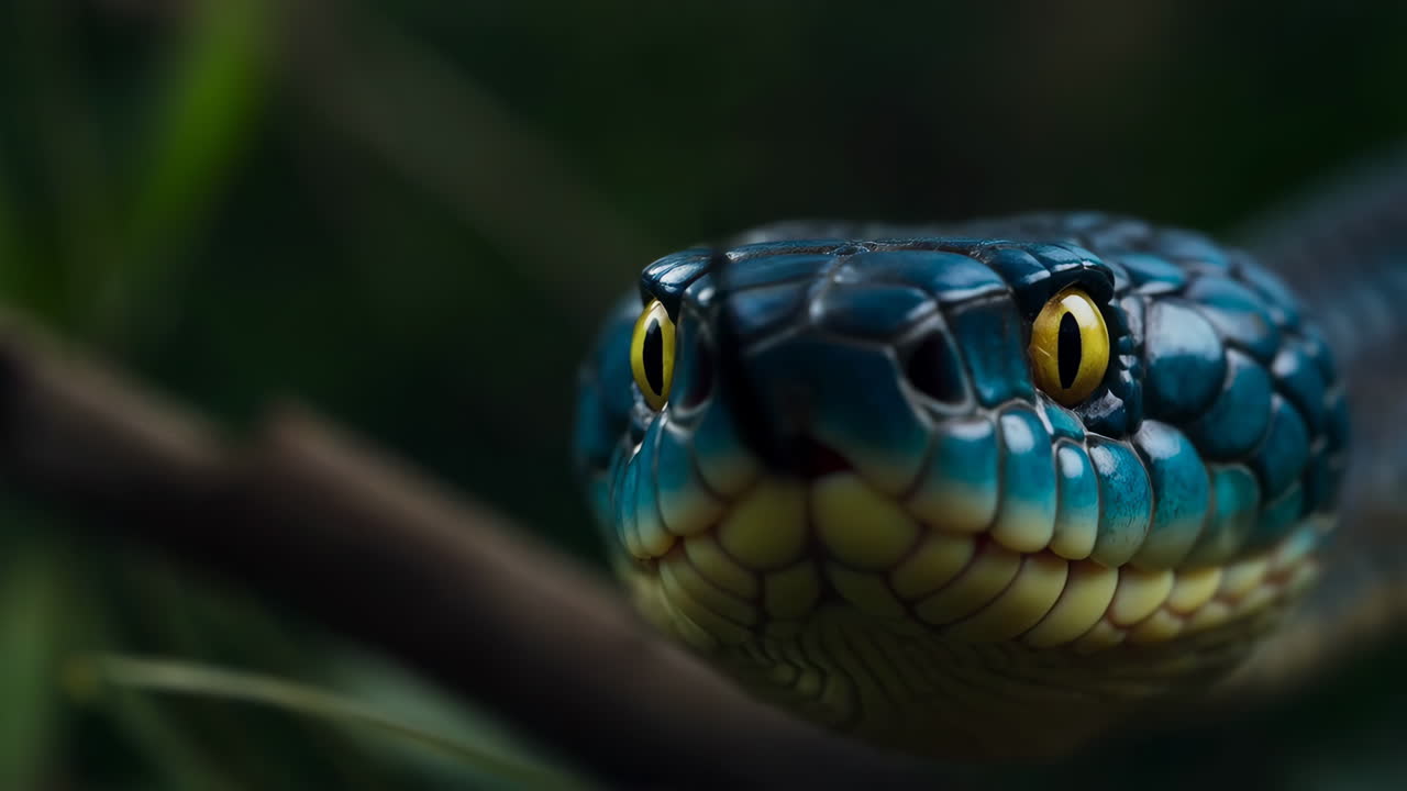 Close-up of a Blue and Green Snake with Bright Yellow Eyes