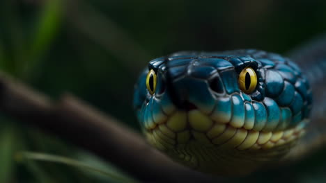 close-up of a blue and green snake with bright yellow eyes