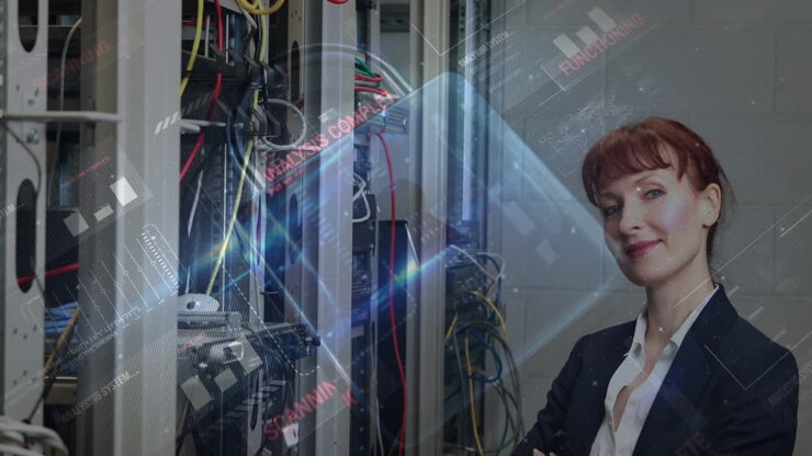 Animation of padlock, data processing over computer servers and caucasian female it engineer