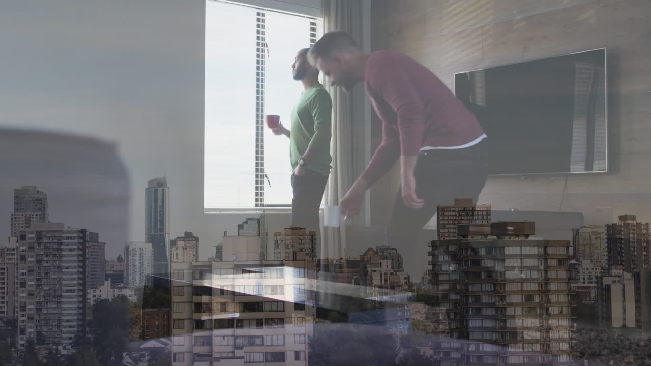 다양한 남성 커플이 창문을 통해 바라보는 도시 풍경의 애니메이션