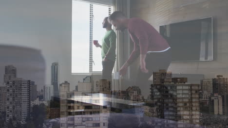 animación del paisaje urbano sobre una pareja de hombres diversos mirando a través de la ventana.
