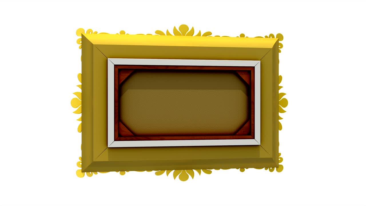 быстрое вращение золотой рамки изображения на белом фоне. 3d-анимация с маркерами отслеживания движения и зеленым экраном, бесшовная петля. включен альфа-мат.