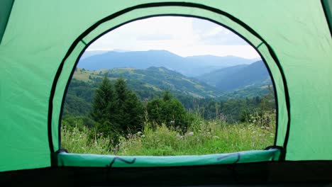 couple collaborates to set up tent for camping in forest man and woman work together to assemble camping tent in lush forest as one lifts flexible pole and other secures fabric on grassy ground surrounded by tall trees