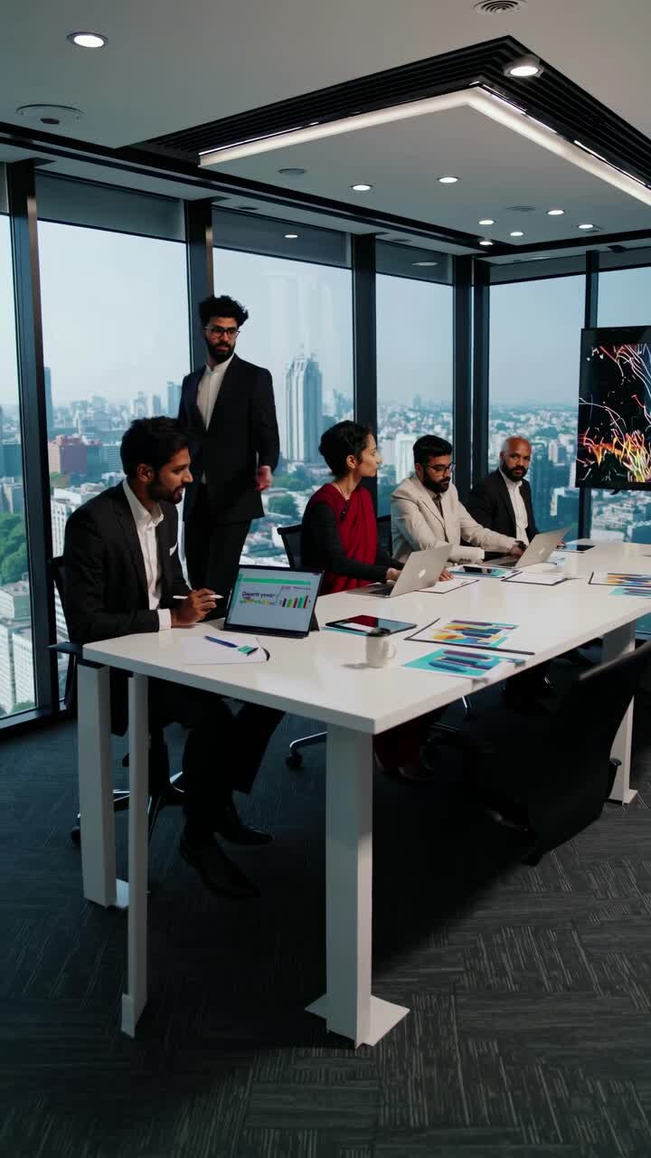 High-angle video shot of a business meeting in a modern office, featuring diverse professionals