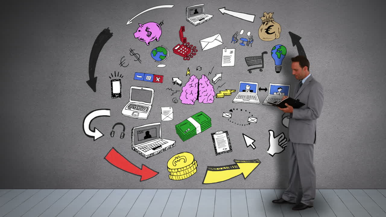 Businessman with diary watching animation of brain having idea