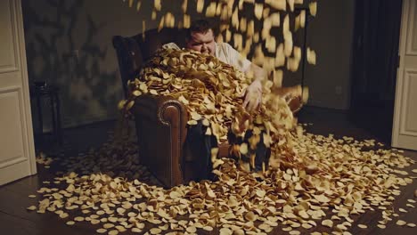 man buried in chips