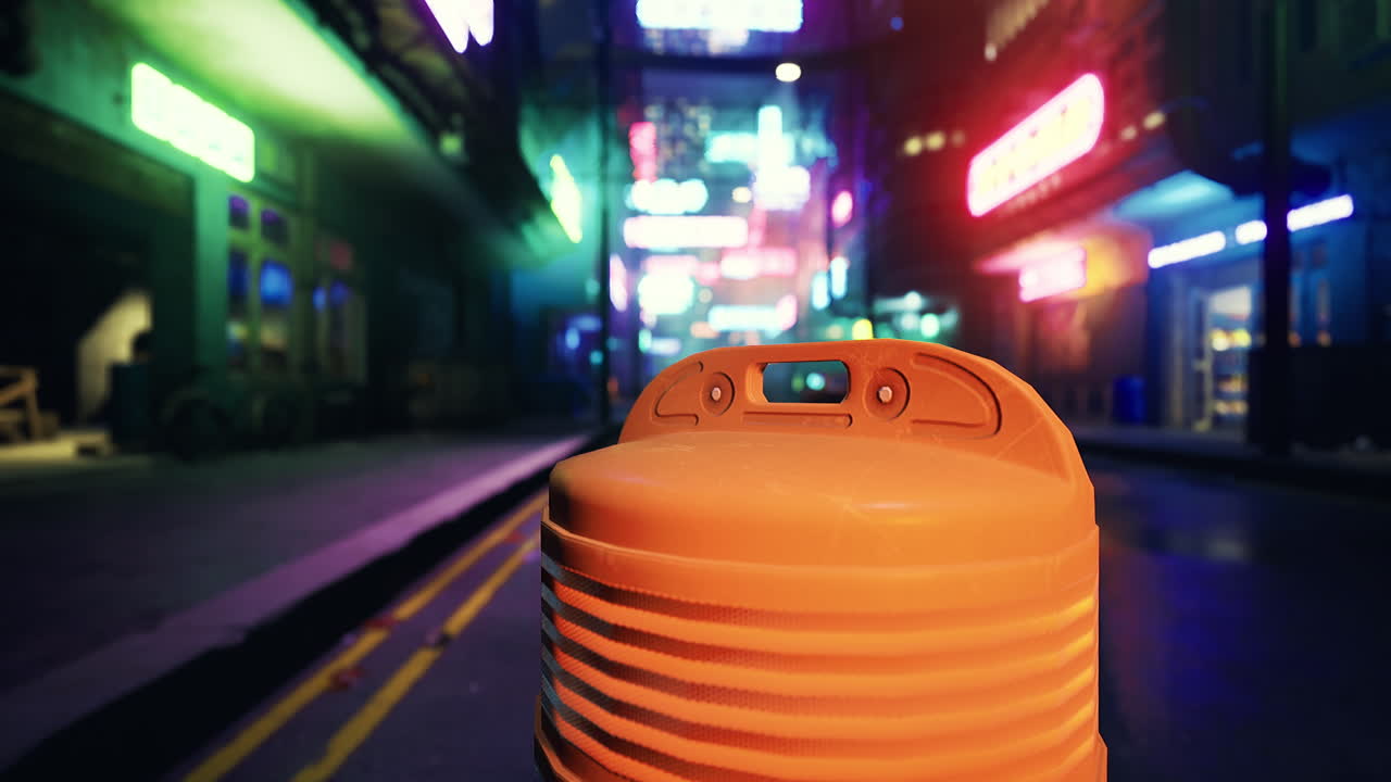 Brightly colored equipment stands out in a vibrant urban night setting