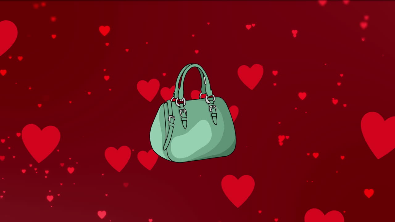 Animazione digitale di un'icona di borsa su multiple icone a forma di cuore che fluttuano su sfondo rosso