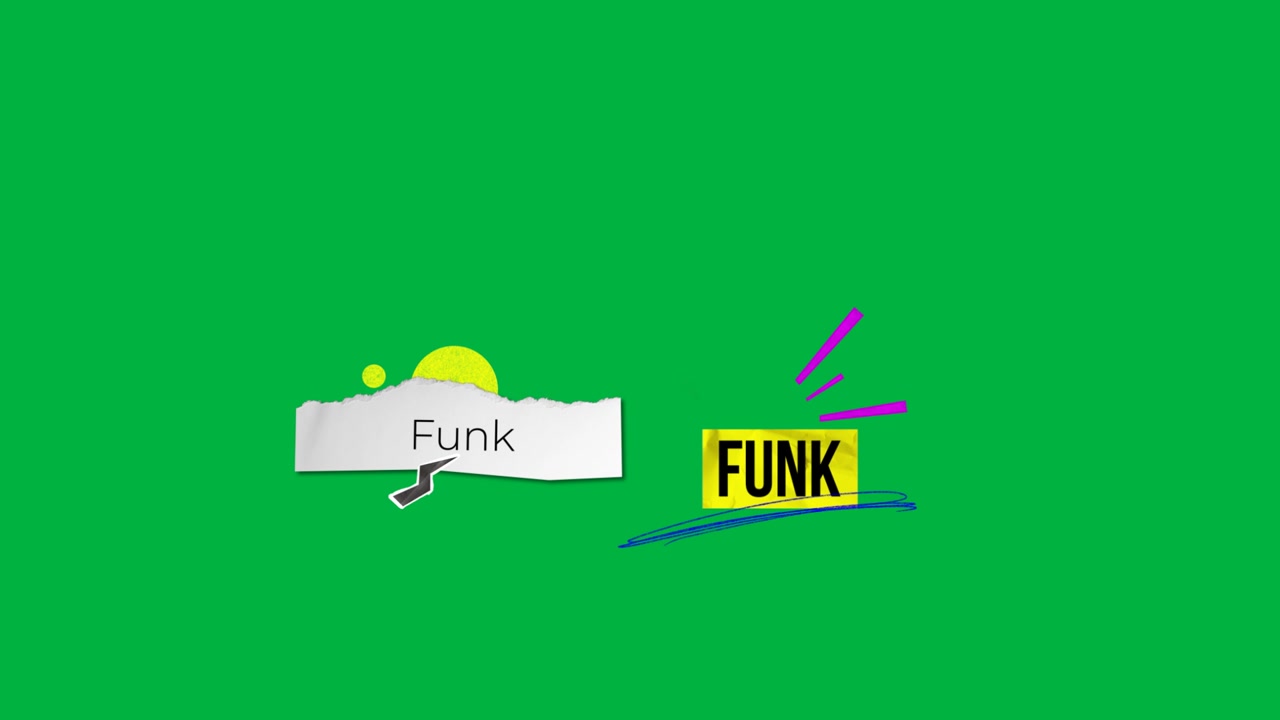 Animazione di testo "funk" su insegne in movimento, fulmini e forme su sfondo trasparente