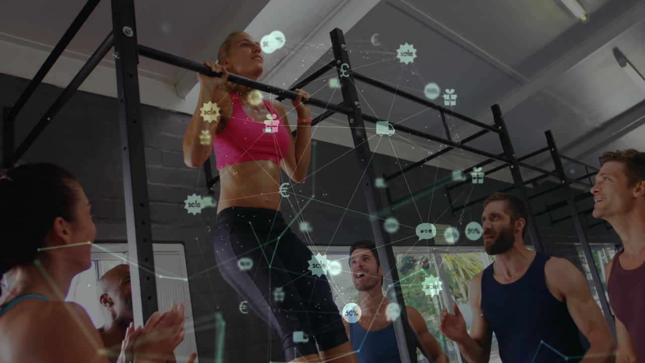 체육관에서 운동하는 사람들의 연결 네트워크와 데이터 처리 애니메이션