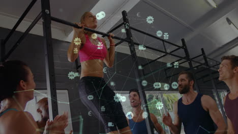 red de conexiones y animación de procesamiento de datos sobre personas que hacen ejercicio en el gimnasio