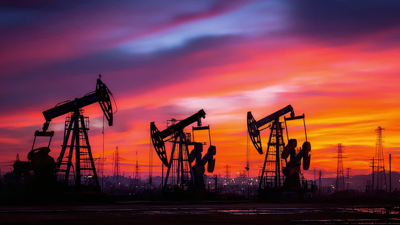 Canlı Bir Gün Batımı Gökyüzüne Karşı Siluet Halindeki Petrol Pompaları: Alacakaranlıkta Endüstriyel Makinelerin Güzelliğini Yakalamak.