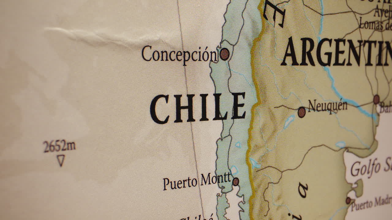 Close-up view of a map showing Chile and Argentina