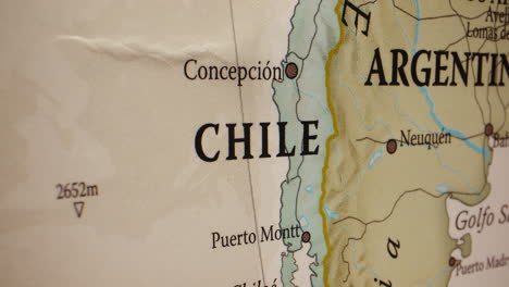 close-up view of a map showing chile and argentina
