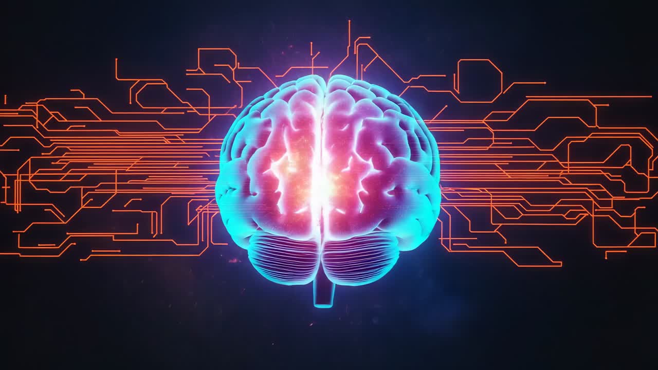 Opening scene showing neon-blue brain model rotating toward camera in circuit network, pulsing core