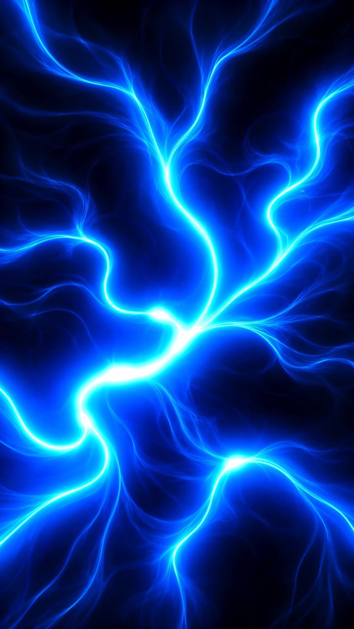 Primo piano verticale di filamenti luminosi blu elettrico che formano una rete ramificata attorno a nodi centrali luminosi, con ramificazioni sottili, tronchi incandescenti, spazio negativo scuro, contrasto vivido, tecnologia astratta