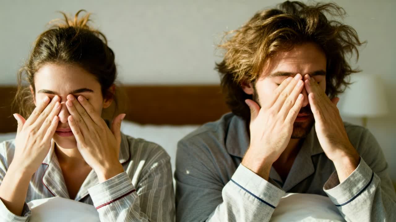 Coppia che si sveglia in pigiami a righe, strofinandosi gli occhi e il naso a letto, con la luce del mattino che colpisce la testiera di legno.